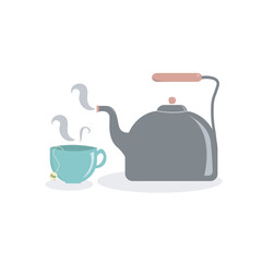 vector illustration gray and pink kettle and blue tea cup