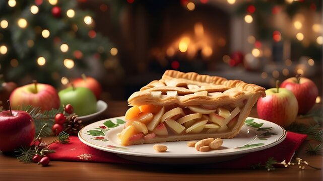 A photorealistic image of a cheerful apple pie slice elegantly placed on a festive plate, showcasing the delicious holiday treat in high detail. The scene is set indoors with a warm, inviting backgrou
