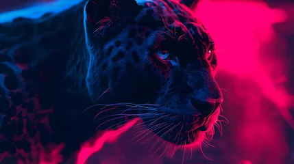 Foto auf Leinwand Mystical black panther in neon lights: A Gothic neon style portrayal of wildlife © Dola_Studio