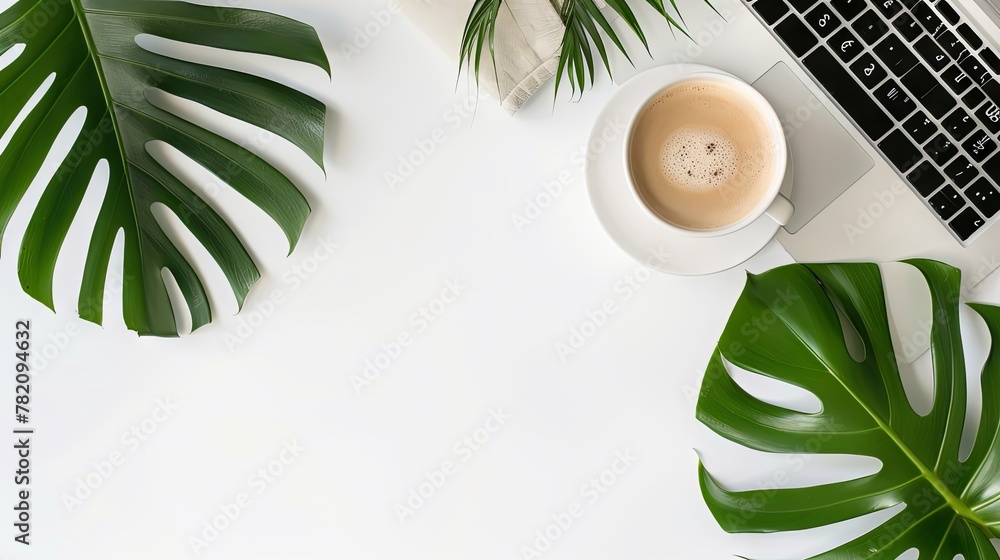 Fototapete white empty background with a laptop and coffee in the right part of the image and a green leaf in t