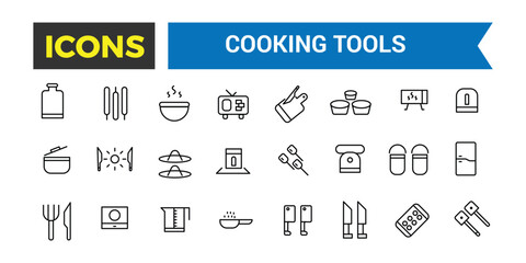 Cooking Tools Icons Set, Set Of Kitchen Essentials, Tableware, Cutlery, Dishes, Plates, Jug, Ladle, Baking Sheet, Paper Mill, Cheese Slicer, Salt Shaker, Spatula Vector Icon, Vector Illustration
