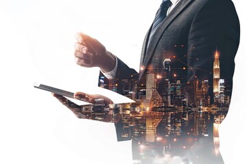 Businessman holding tablet with network connection on city background