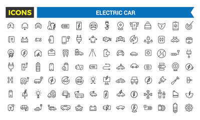 Electric Car Vector Icon, Set Of E Car, Electric Bus, Truck, Vehicle, Auto, Engine, Plug, Battery, Eco Transport, Autopilot, Smart Car Editable Stroke Icon, Vector Illustration