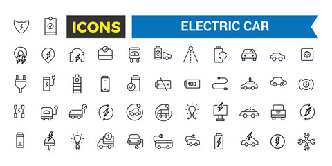 Electric Car Vector Icon, Set Of E Car, Electric Bus, Truck, Vehicle, Auto, Engine, Plug, Battery, Eco Transport, Autopilot, Smart Car Editable Stroke Icon, Vector Illustration