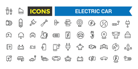 Electric Car Vector Icon, Set Of E Car, Electric Bus, Truck, Vehicle, Auto, Engine, Plug, Battery, Eco Transport, Autopilot, Smart Car Editable Stroke Icon, Vector Illustration