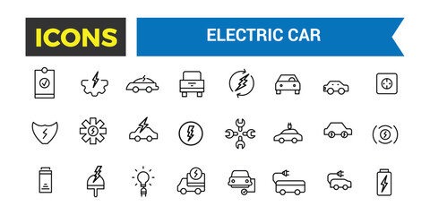 Electric Car Vector Icon, Set Of E Car, Electric Bus, Truck, Vehicle, Auto, Engine, Plug, Battery, Eco Transport, Autopilot, Smart Car Editable Stroke Icon, Vector Illustration