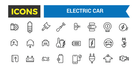 Electric Car Vector Icon, Set Of E Car, Electric Bus, Truck, Vehicle, Auto, Engine, Plug, Battery, Eco Transport, Autopilot, Smart Car Editable Stroke Icon, Vector Illustration