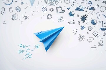 Blue paper airplane flying among business icons and doodles on a white background