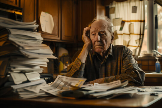 Caucasian senior men sits at his kitchen table, surrounded by stacks of overdue bills and foreclosure notices,economic hardships