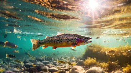 Apache trout in a freshwater river.AI generated image - obrazy, fototapety, plakaty