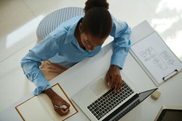 Young Black businesswoman checking schedule on laptop, writing notes in planner - 782094823