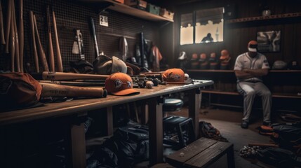 Baseball equipment in the dugout.AI generated image - Powered by Adobe