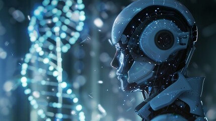 Advanced technology connects human and robot. Science and AI work together in digital space, symbolized by DNA structure.