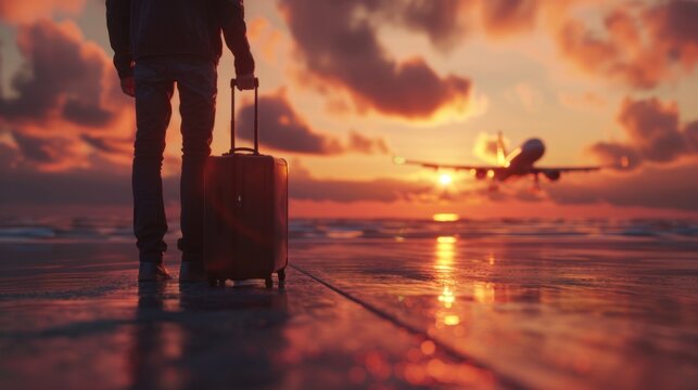 Beneath the sunset's embrace, a wanderer stands, suitcase in hand, eyes fixed on the ascending plane. In that fleeting moment, dreams take flight, and the heart dances with the promise of adventure.

