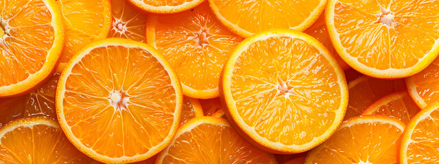 Colorful orange fruit slices. Orange background