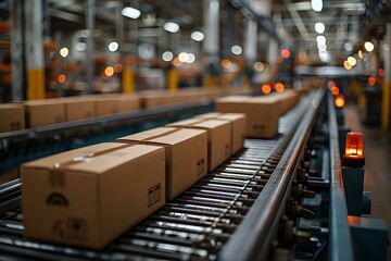 Efficient E-commerce: Conveyor Belt Parcel Flow. Concept Automation, Logistics Efficiency, Warehouse Operations, Technology Integration - obrazy, fototapety, plakaty