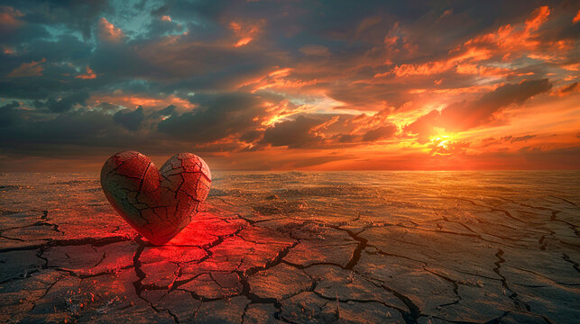 A broken heart laying on a dry cracked desert floor with stormy clouds in the background.