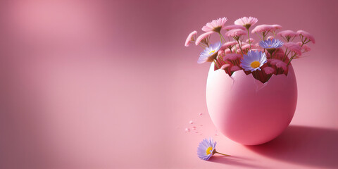On a soft pink backdrop, rests a pink egg adorned with delicate forget-me-not flowers. This scene captures the essence of spring's renewal and beauty. 