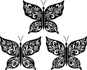 Set Butterflies Black Silhouettes with a Floral Pattern on White Background. Vector
