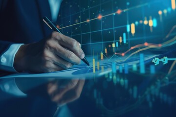 Businessman drawing a growth graph and data hologram with financial elements on a virtual screen - 782095836