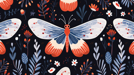Seamless pattern with whimsical moth flowers and le - obrazy, fototapety, plakaty