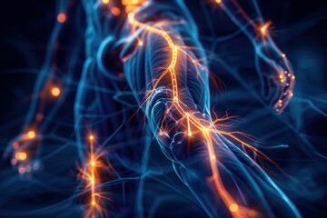 Detailed 3D Illustration of Human Nervous System with Glowing Blue and Orange Lines Running Through It - obrazy, fototapety, plakaty
