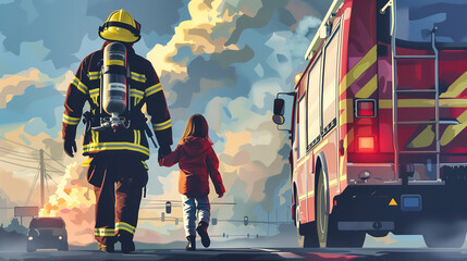 A fireman and a little girl are walking down the street