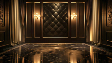 Background of a luxury room with golden walls and marble floor - obrazy, fototapety, plakaty