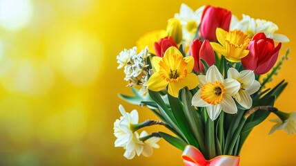 A bouquet of flowers with yellow white and red flowers