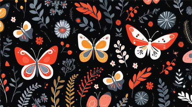 Seamless pattern with whimsical moth flowers and le