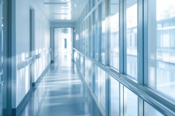 A white school hallway with glass doors on the right - 782096260