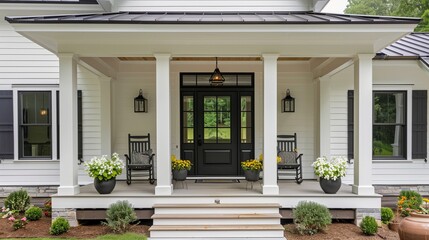 Exterior architecture of modern farmhouse front door porch - obrazy, fototapety, plakaty