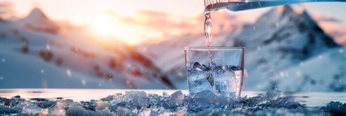 Pouring of fresh water into glasses on light blue background with mountains landscape - obrazy, fototapety, plakaty