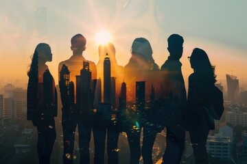 Silhouettes of business people standing in front of the city skyline - 782096420