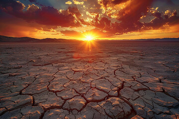 A cracked desert floor with a setting sun in the distance. - Powered by Adobe
