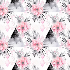 Stylized watercolor floral seamless pattern with geometric shapes and flowers.