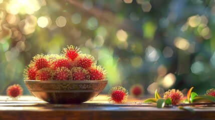 some rambutan in exotic style bowl,on a garden wood table on the sunshine day - obrazy, fototapety, plakaty