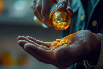 Close-up, a man holds a bottle of pills and pours them into his hand. Concept of responsibility and taking care of your health