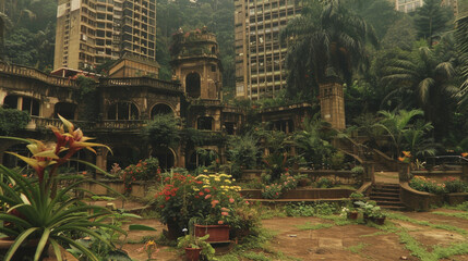 A deserted building with a lush green garden in front of it. The garden is full of flowers and plants, and the building is old and abandoned - obrazy, fototapety, plakaty