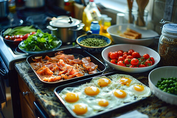 A delicious breakfast of smoked salmon, eggs, tomatoes, and toast.