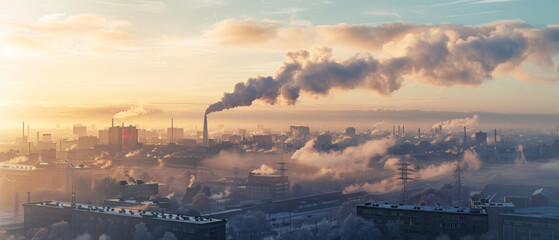 A panoramic view capturing the warmth of a winter sunrise over an industrial area with smokestacks releasing plumes into the chilly air.