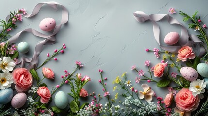 Easter composition with ribbons, eggs and floral wreaths on a light grey background with empty space in the center