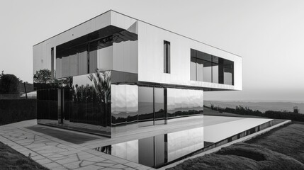 Modern hillside residence overlooking the landscape a black and white image of a contemporary house on a slope