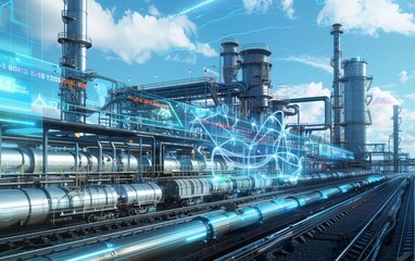 Morning light shines on a tech-enhanced refinery where data streams intertwine with the physical infrastructure.