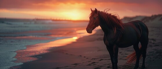 A horse stands on the shore as the sunset bathes the beach in a soft, radiant glow, reflecting in the water.