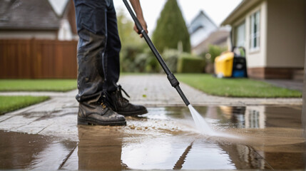 Pressure washing driveway. Close up on water splash and worker in worker boots cleaning driveway with pressure washer.