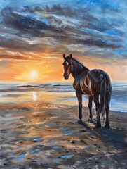 An evocative horse painting set against a sunset-lit coastal shore, with rich colors and intricate detail.