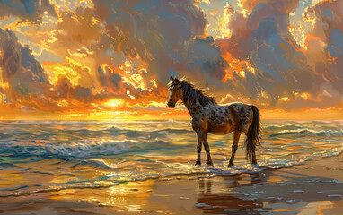 An appaloosa horse stands serene against the backdrop of a dramatic orange sunset and crashing waves.