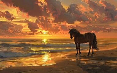 A striking horse stands on the shimmering beach at sunset, with golden clouds reflected in the gentle waves.