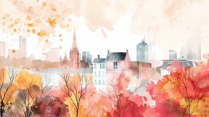 Watercolor autumn city illustration poster background